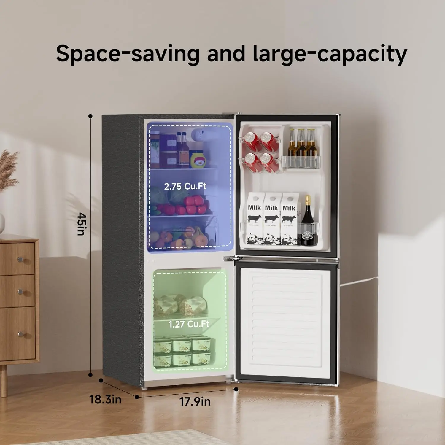 Geladeira de apartamento Cu.Ft com freezer, geladeira de cozinha com freezer inferior, 2 portas, 5 configurações de temperatura ajustável