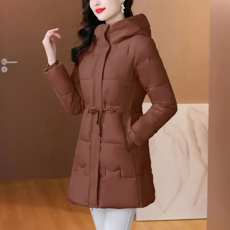 Fashion New Midi Parkas Autumn Winter Cotton-padded Jacket Show Off Weight Thicken Windproof Thermal Hooded Chic Corset Coat