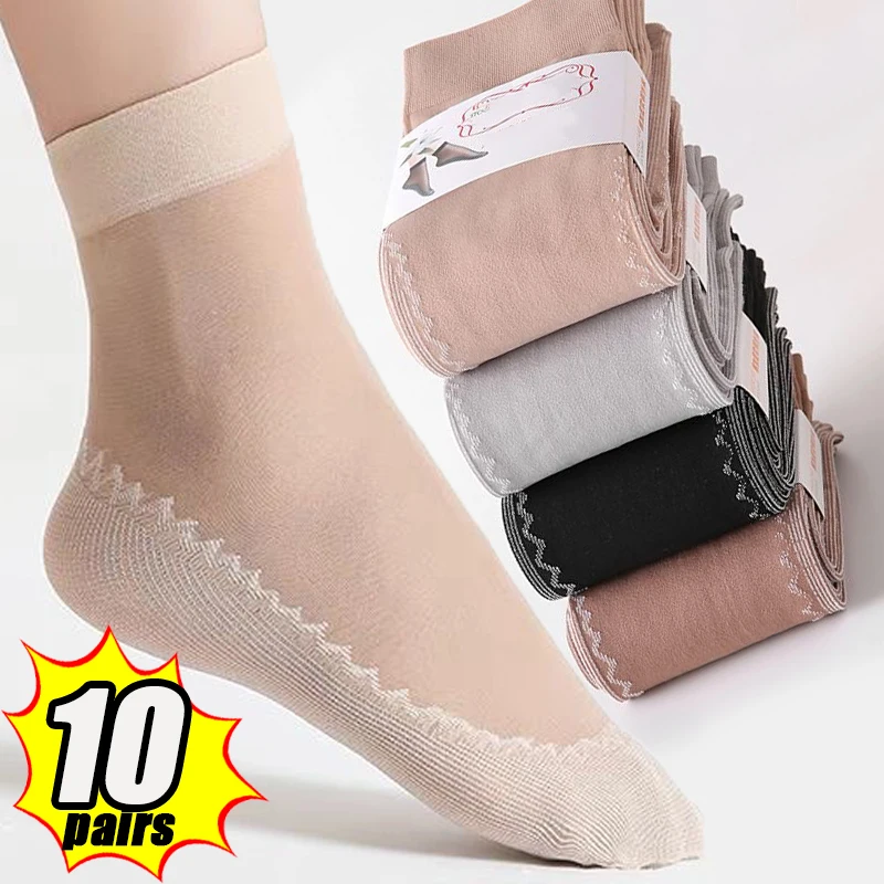 

10pairs Women's Ultrathin Socks Transparent Mesh Long Sock Elastic Non-Slip Bottom Ankle Short Sox Breathable Sock Slippers