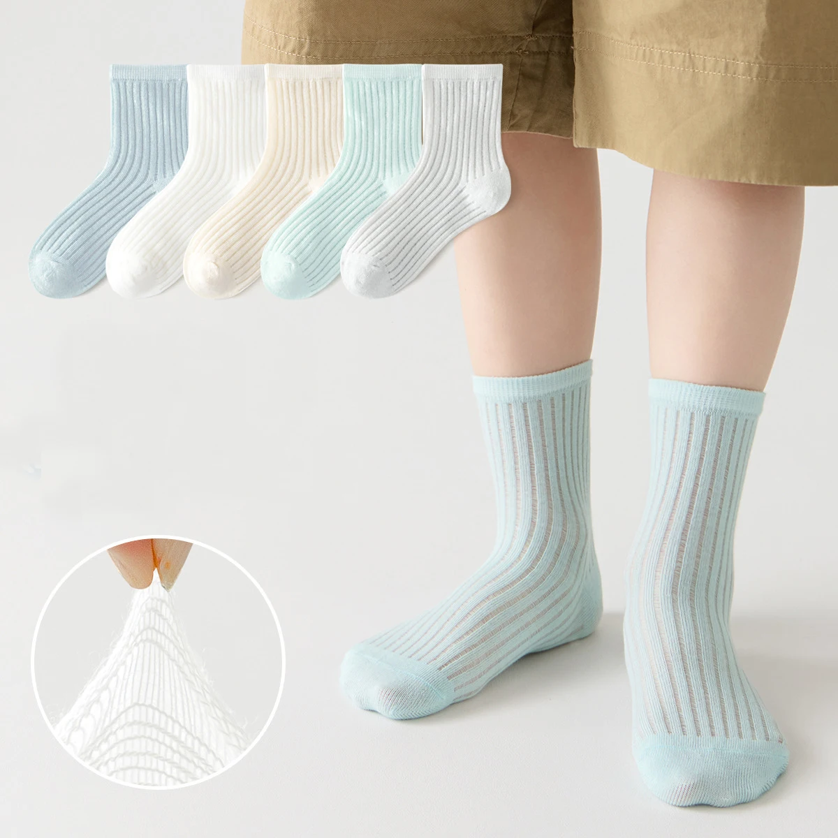 5 Pairs Baby Socks Summer Cotton Spring Boys Girls White Thin Mesh Sock Kids Solid Color Crew Socks Student Breathable Socks