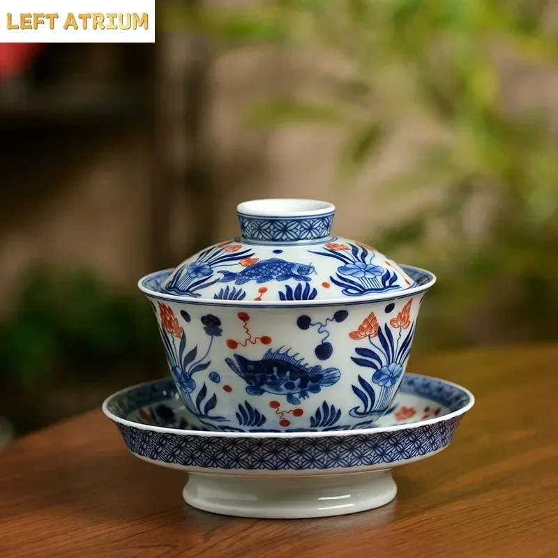 Jingdezhen Blue and White Fish and Algae Pattern Cover Bowl To Make Tea Bowl Household Ceramic Kung Fu TeaSet Pot Bearing Teacup