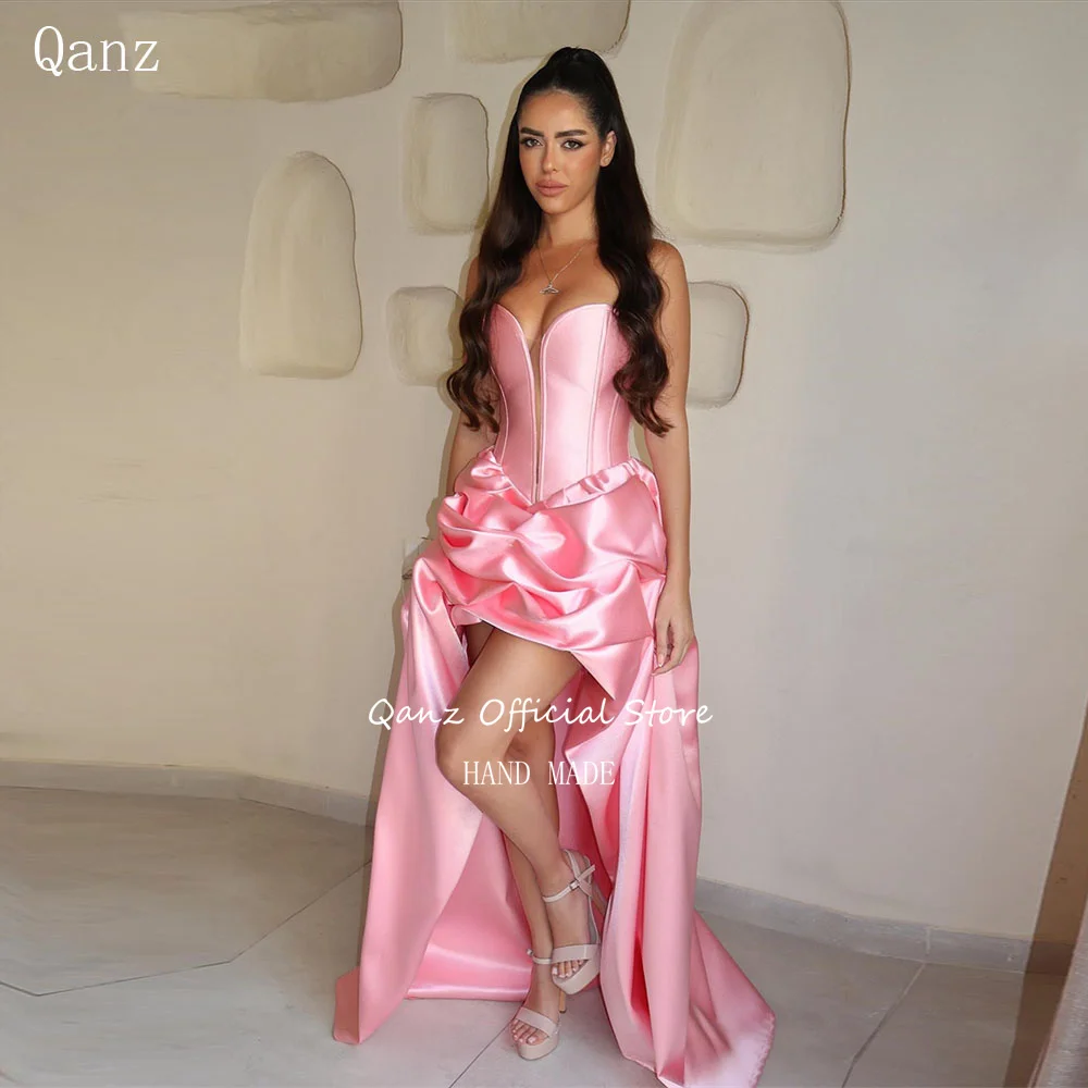 Qanz High Low Pink Prom Dress Sweetheart Satin Formal Evening Gowns Ruffles Corset Vestidos De Fiesta Elegantes Customized