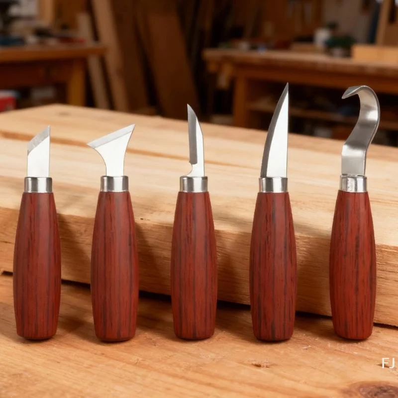 [YU]5Pcs Wood Carving Knife Set With Ergonomic Red Wood Handle Stainless Steel Blades For Whittling And DIY Crafts