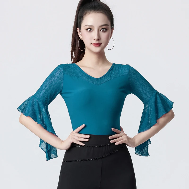 Haut de danse de salle de bal rouge 3 couleurs, haut de danse moderne Standard pour femmes, justaucorps de danse en dentelle, vêtements d'entraînement latin pour adultes, noir AMY2213