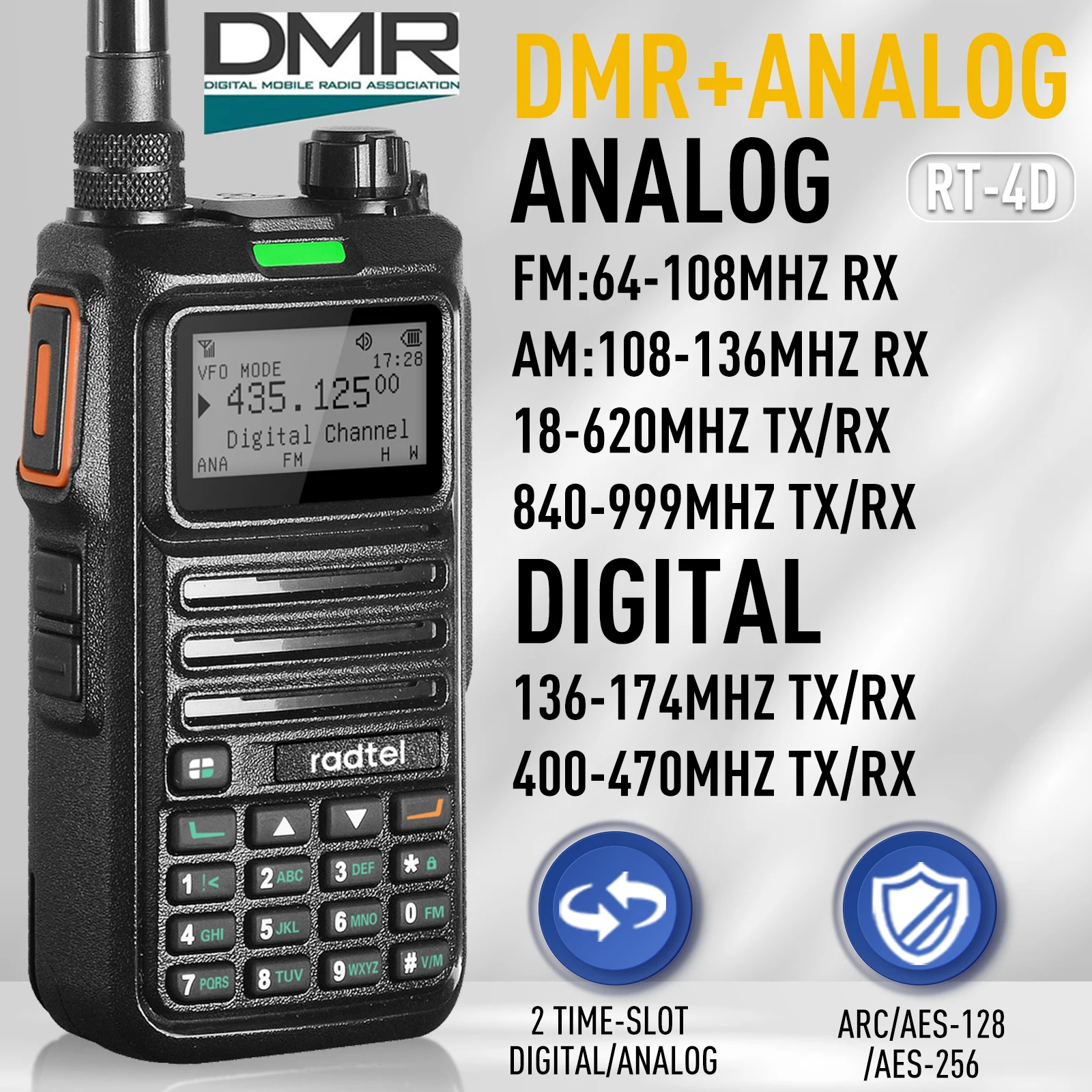 Radtel RT-4D Digital DMR Walkie Talkie Dual Mode Analog Two Way Radio Dual Time Slot Tier 1+2 Amateurfunk 1024 Kanäle