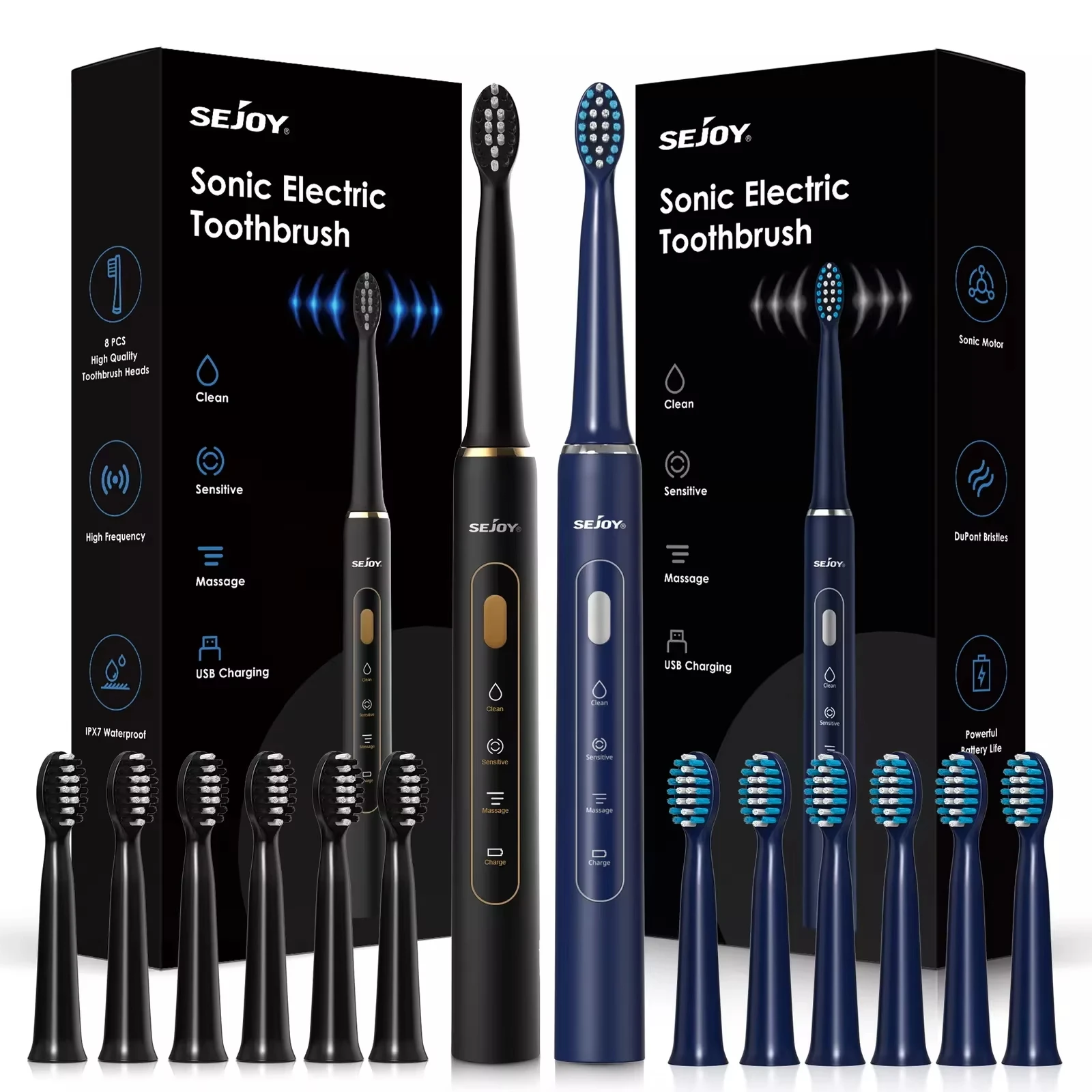 SEJOY Sonic Electric Toothbrush 7 Brush Heads Smart Timer Rechargeable