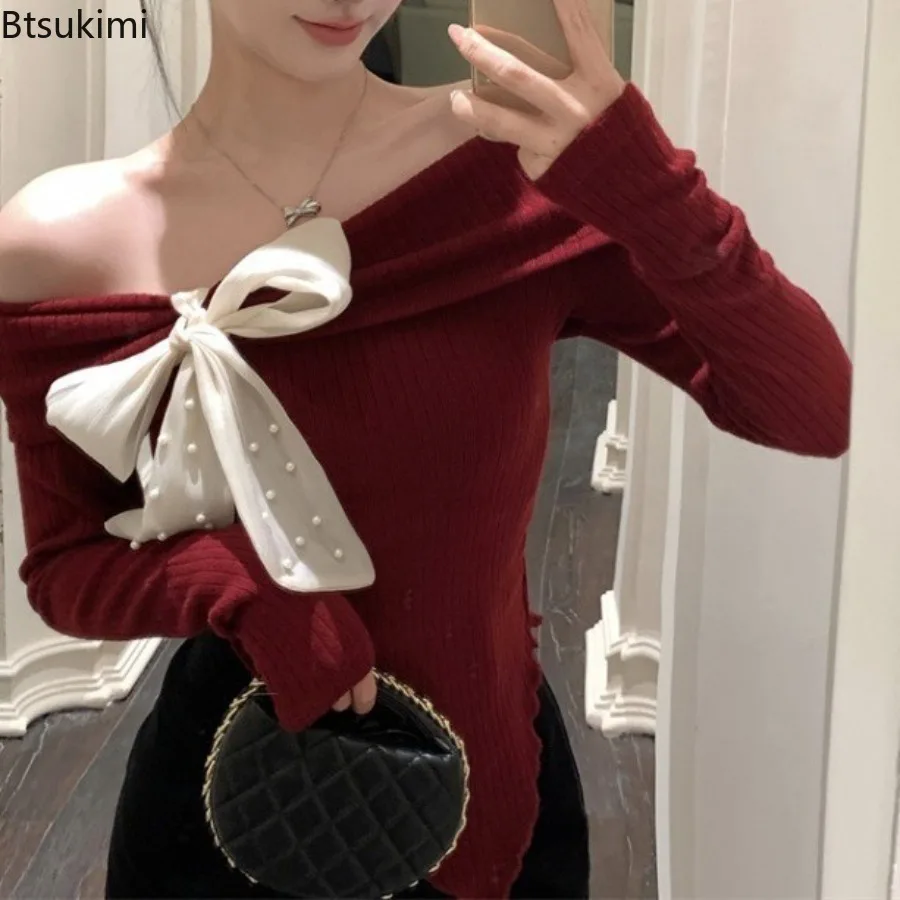 

Женские винтажные укороченные топы с бантом и открытыми плечами, вязаный свитер с длинными рукавами, корейский стиль, модный элегантный пуловер нестандартной формы для малышек