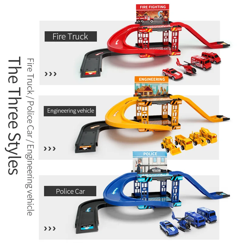 Coche de pista de estacionamiento, juguetes para niños, coches de policía, motores de bomberos, vehículo de ingeniería, rampa, construcción de carreteras, juegos de pista deslizante inercial