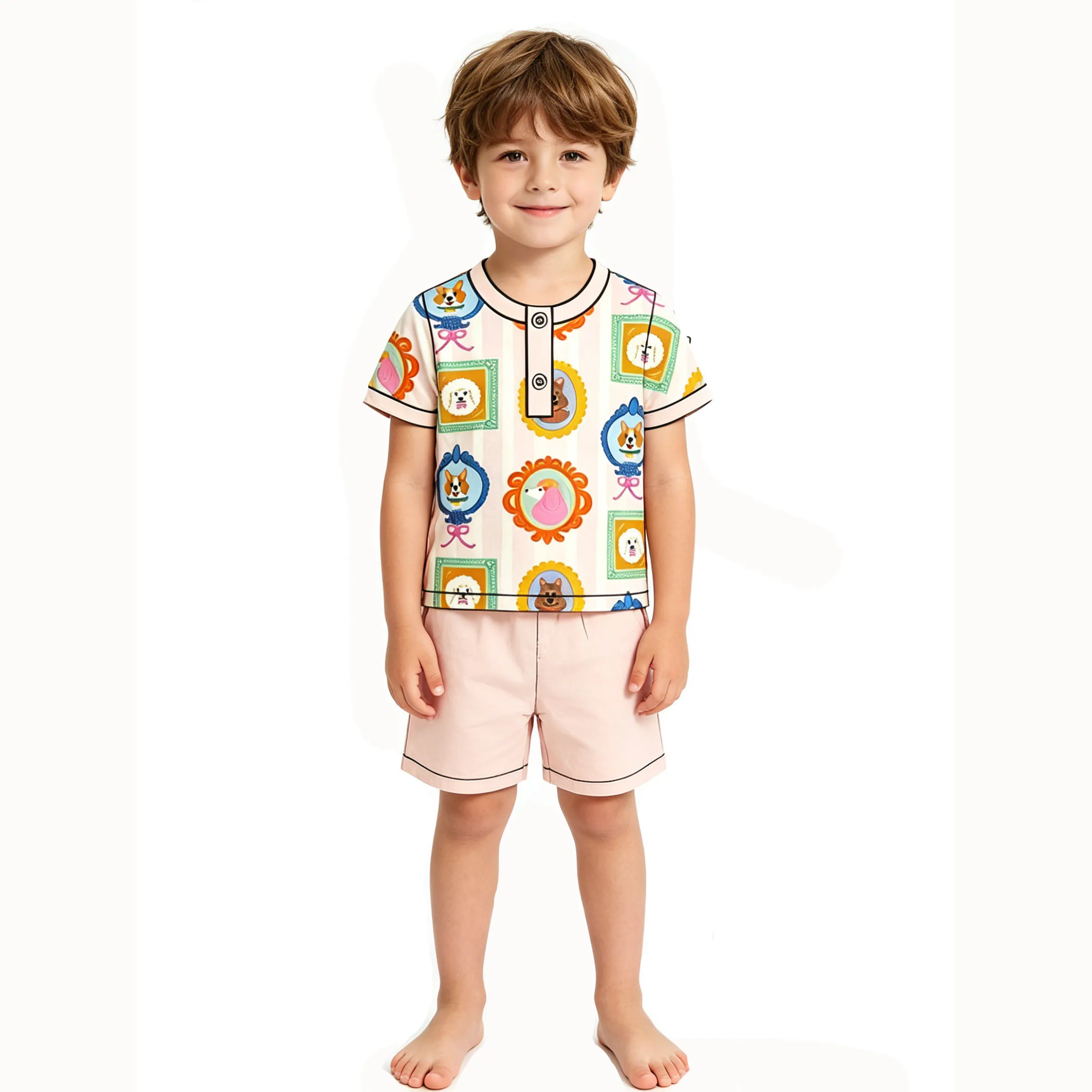 Puppy Print Baby Boy Summer Short-Sleeve Pocket Top and Shorts Set Matching Romper Four-Piece Set