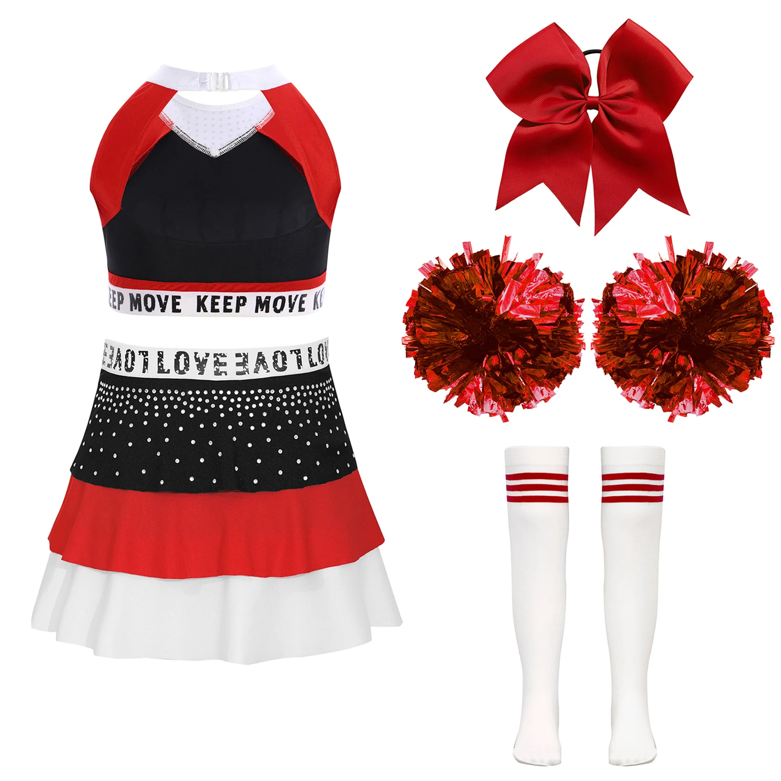 Girls Cheerleader Costume Dance Uniform Cheer Print Crop Top Rhinestone Shiny Tiered Pleated Skirt Pompoms Cheerleading Outfits