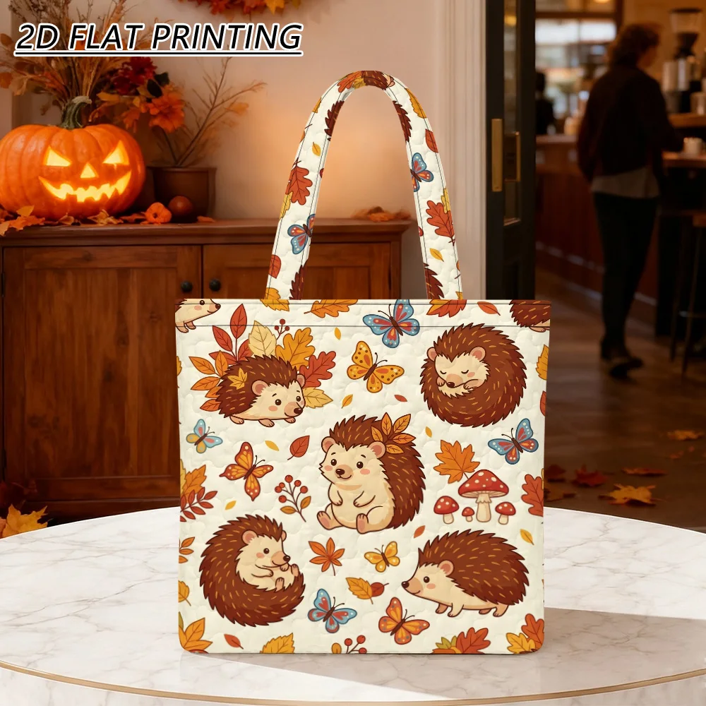 1pc hedgehogs autumn leaves Quilted Women'S Shoulder Bag, Reusable Washable Handbag, Craft For Beach Commuting And