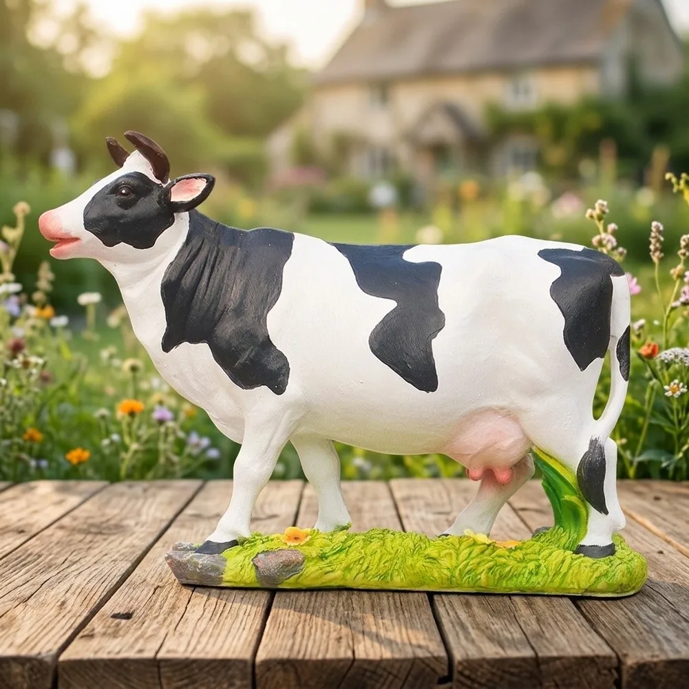 Farm Animal Decor Resin Cow Statue for Home Garden Patio Desk Shelf Black and White Design 22 8 17 cm Dimensions