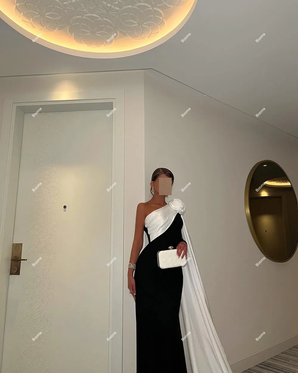 Booma Black and White Mermaid Evening Dresses One Shoulder 3D Flowers Cape Formal Occasion Gowns for Women Arabic Prom Dress