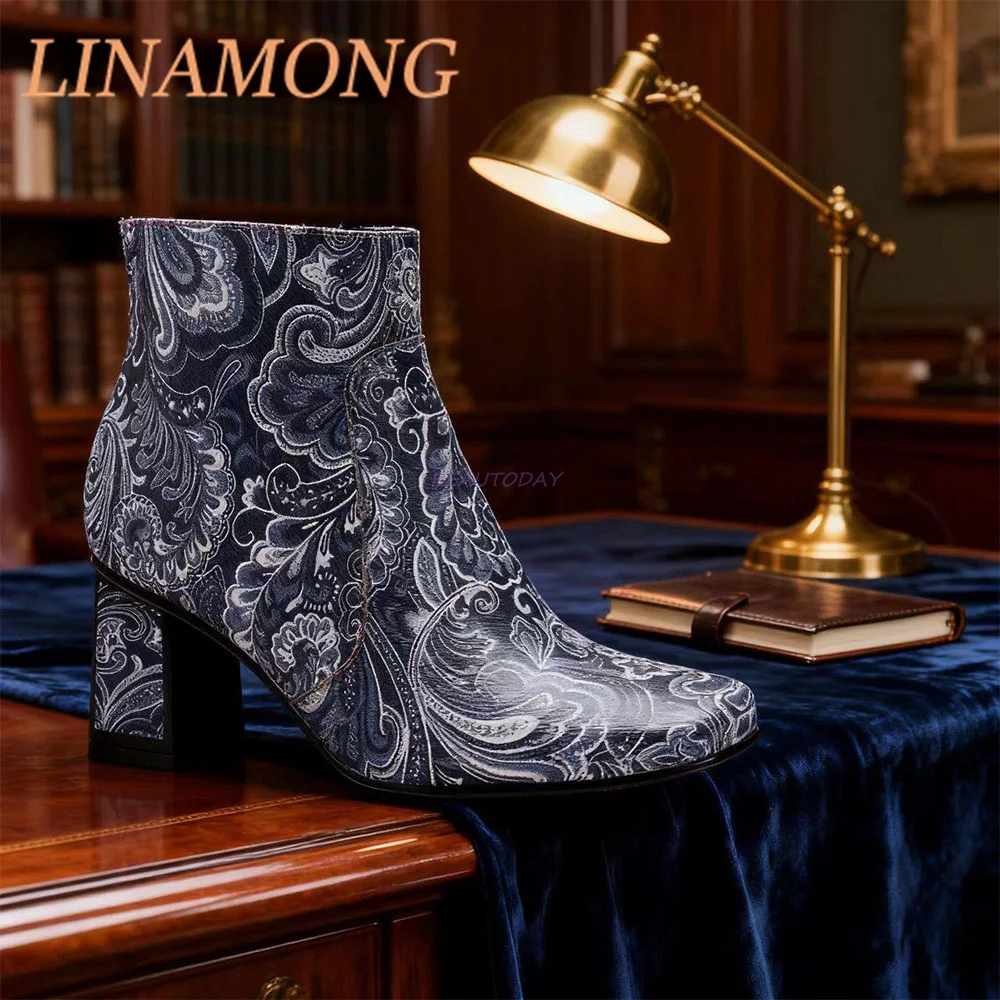 ساحة اصبع القدم كعب سميك أحذية قصيرة الأزرق والأبيض اليد نحى طباعة المتخصصة تصميم الجانب سستة كعب مربع كعوب عالية الموضة