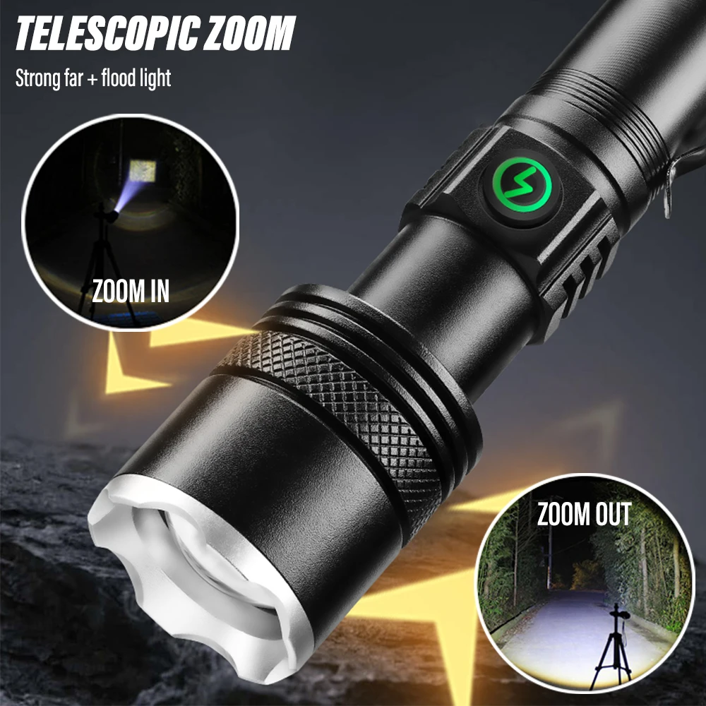 Super Bright LED Flashlight Rechargeable Torch Portable Work Light Outdoor Camping Light with Telescopic Zoom