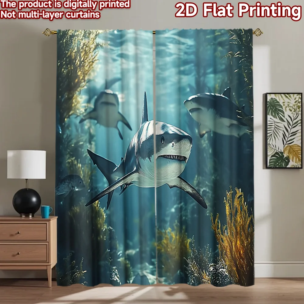 2D flat 2pcs Curtain Country Style Underwater Sharks Scene Digitally printed polyester, colorfast Birthday Party for Oversized