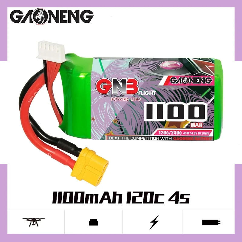 

Аккумулятор GAONENG GNB 1100 мАч 4S 120C 240C 14,8 в XT60 LiPo Cinelog Cinewhoop, запасные части для радиоуправляемых моделей, гоночных самолетов, FPV