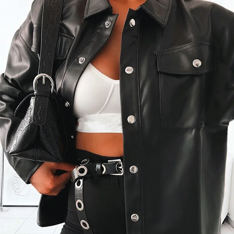 

Women AutumnNew Punk Style Black PU Leather Jacket Turn-down Collar Streetwear Cool Jackets Ladies Pocket Oversized Pop Jackets