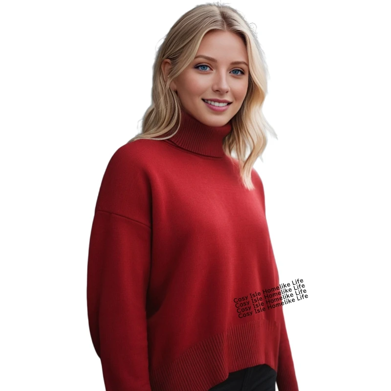 

Loose Casual Sweater Women Elegant Turtleneck Woollen Knit Sweater Autumn Warm High Collar Pullover Solid Color Knitwear Jumpers