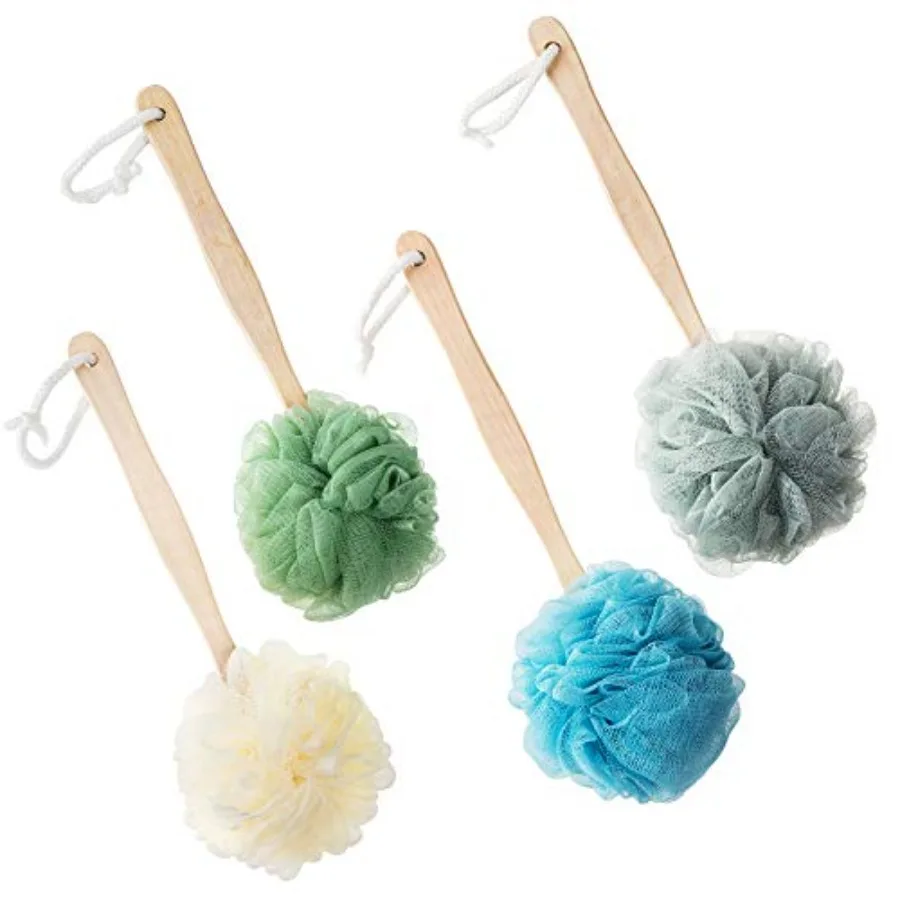 

4 Pack Large Bath Puff Loofah Sponge with Long Handle Shower Loofah Bath Body Back Brush Spa Brush for Women and Men 4 Color