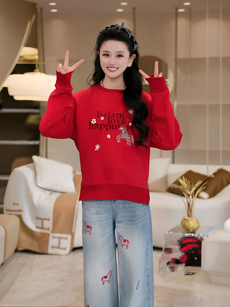 

Red Embroidered Sweatirt Women's Spring Autumn New Small Size round Ne Top Comfortable Loose Fit Long Sve Casual Sle