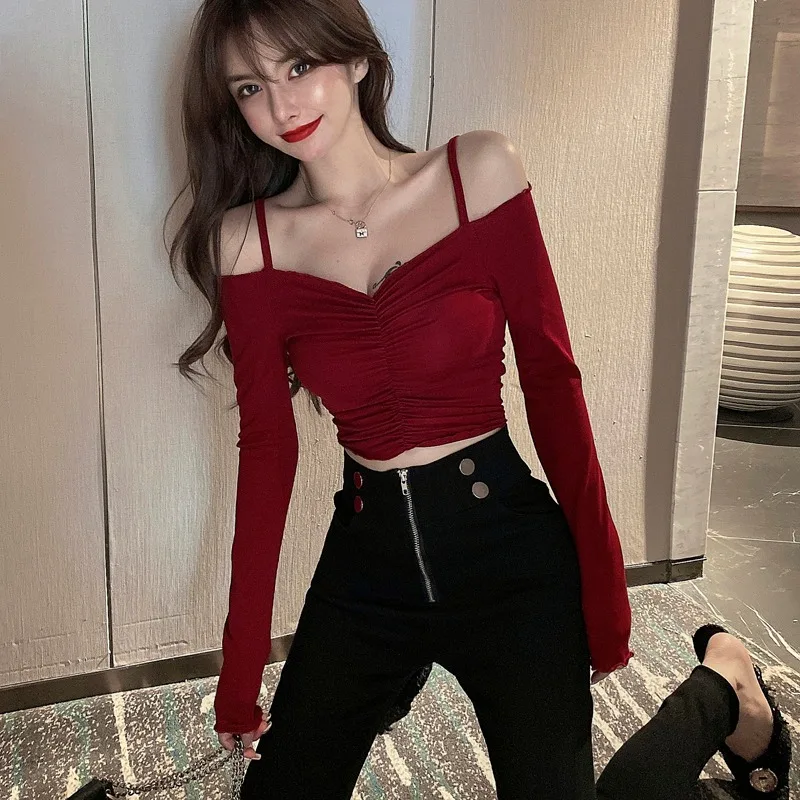 Hong Kong Sle ort Crop Top Women's Tight Fit  Navel T-irt Base irt Trendy V-ne Long Sve Cotton Summer