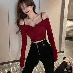 홍콩 스타일 짧은 크롭탑 여성용 타이트 벨리 셔츠 V넥 긴팔 면 티셔츠 한국 통근 스타일 베이스 셔츠