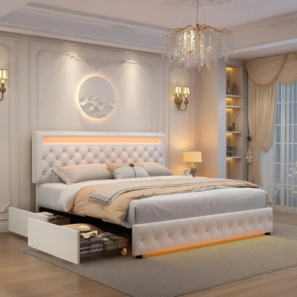 Queen Led Bed Frame with 4 Storage Drawers & Smart Control RGBW LED Lights - Customizable Color Options