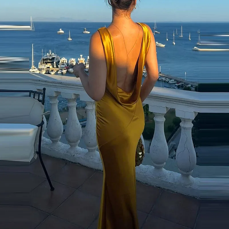 Abito lungo da donna sexy senza schienale scollato solido Abito lungo a vita alta alla moda Abiti eleganti da sera senza maniche con taglio basso