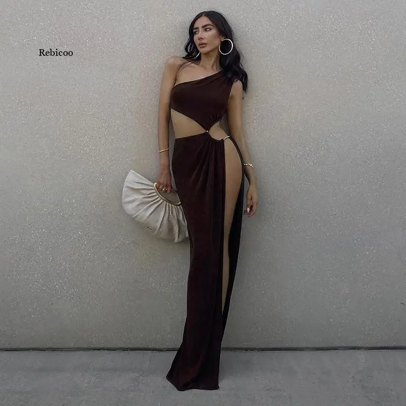 2022 Summer Sexy Oblique Shoulder Sleeveless Cut Out Slit Maxi Dress Elegant Women Party Club Dresses Female New