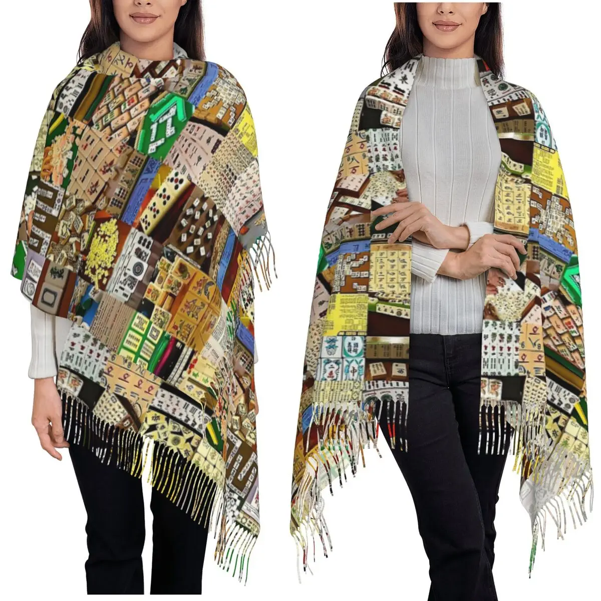 Mahjong Collage Scarf Tassel Scarves Women Soft Warm Shawls and Wraps Large Fall Winter Shawl Wrap