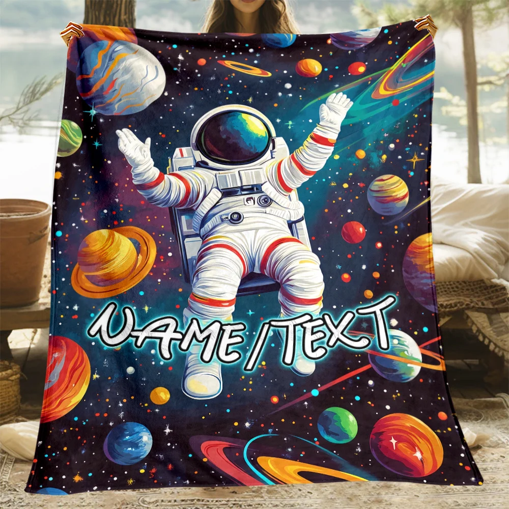 Personalized Custom Name Astronaut & Planets Flannel Throw Blanket All Seasons Ideal for Home Sofa Bedroom Office Travel Camping