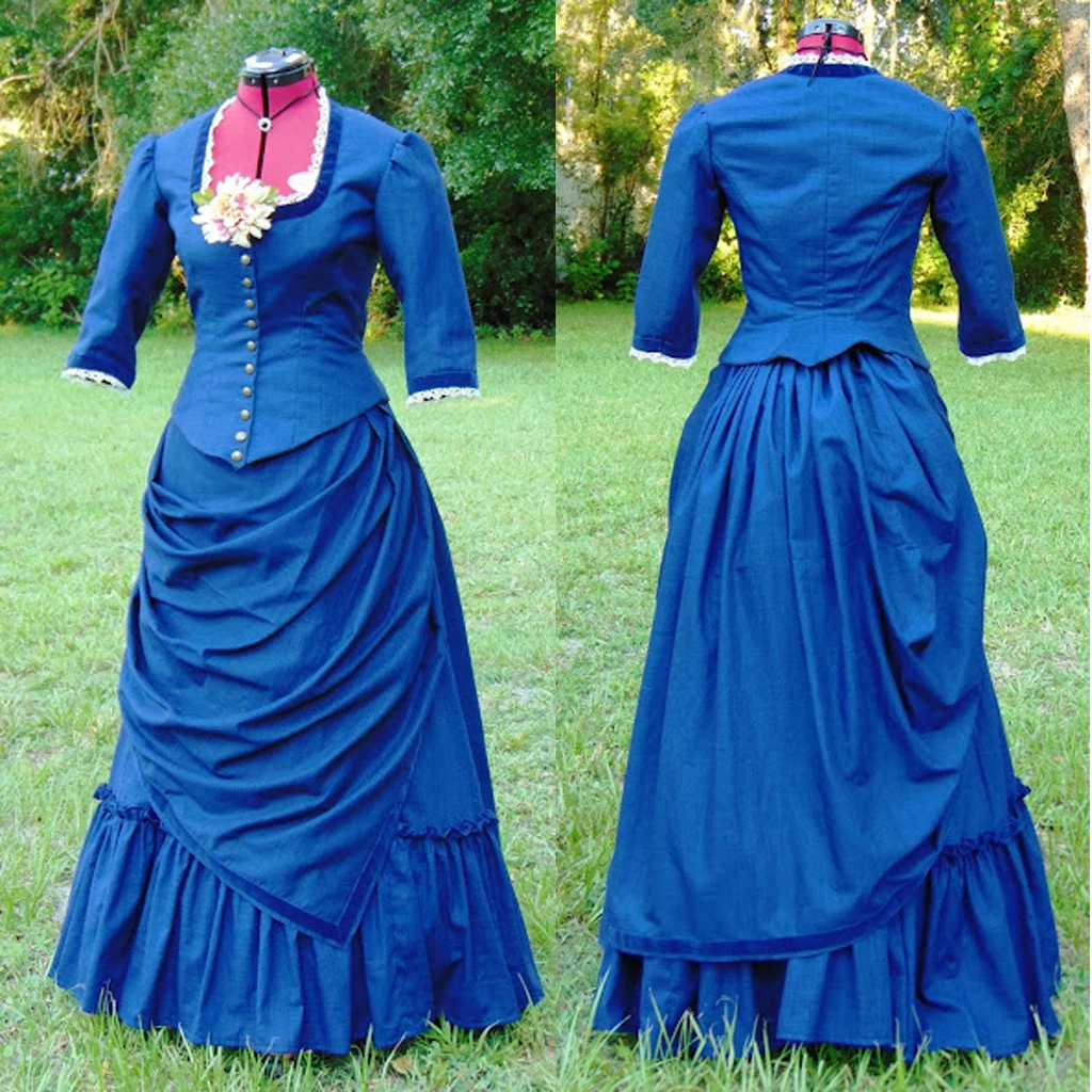 

Викторианское синее платье с оборками, платье из Искусственного Дерева, платье из двух частей, платье для Хэллоуина в Южную Белль