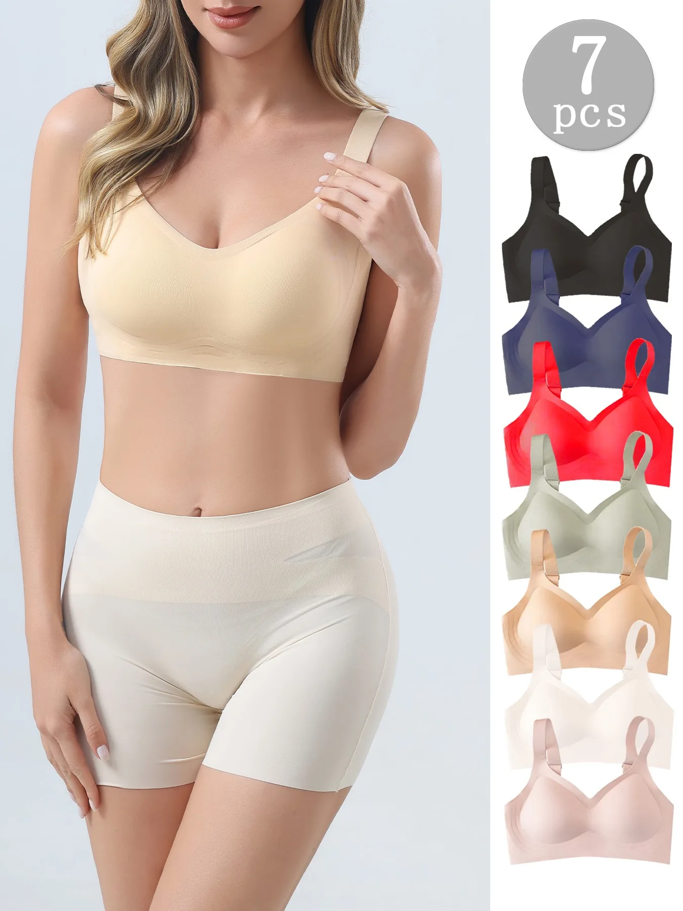 

7 pcs of Color Women's Seamless Wireless Sports Bras - Soft Stretchy Push-Up Design with Removable Padding Everyday Basic Bras
