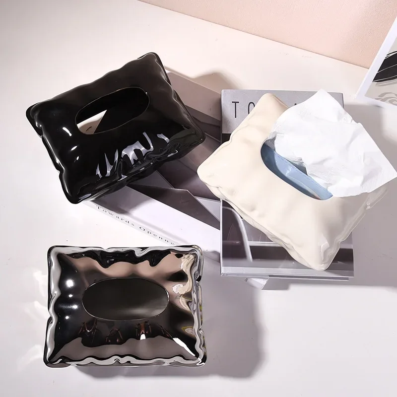 Cream Style Wrinkle Square Tissue Box, Glossy Ceramic Finish, Durable Holder, Stylish Home Accessory, Elegant Desk Addition