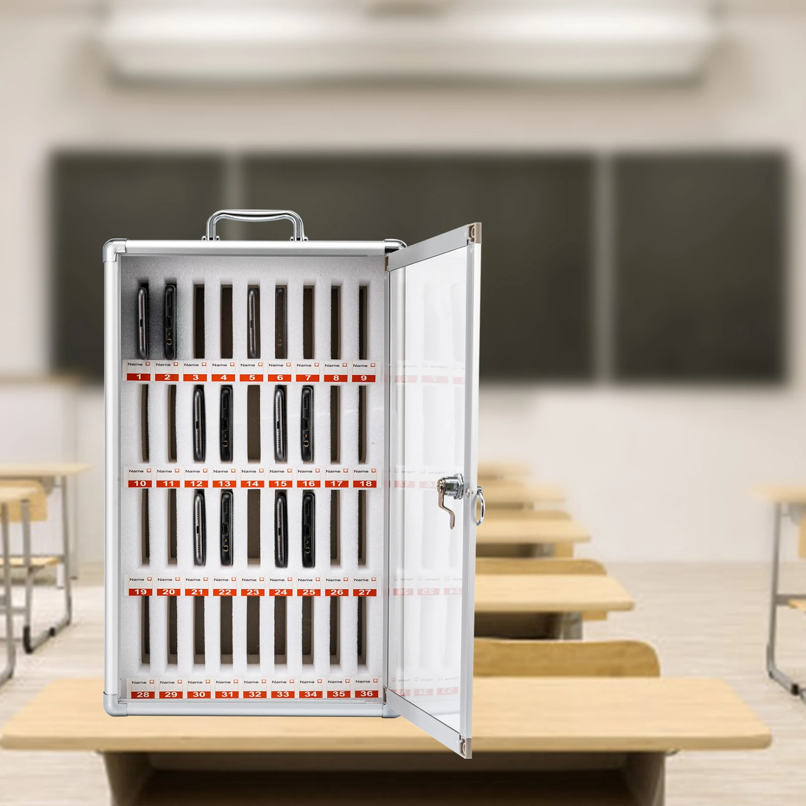 Silver Aluminum Alloy 32*20*49cm Lock Cell Phone Storage Cabinet 36-bit Pearl Cotton Interlayer Cell Phone Safe Deposit Box