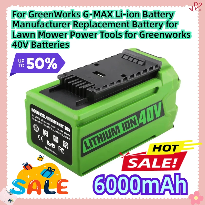 For GreenWorks G-MAX Li-ion Battery Manufacturer Replacement Battery for Lawn Mower Power Tools for Greenworks 40V Batteries 6Ah
