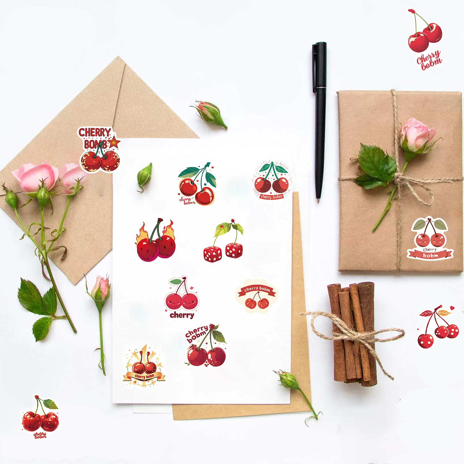 

50 шт. наклеек с вишнями: креативные мультяшные стикеры для ноутбуков, чемоданов, велосипедов, багажа, канцелярских принадлежностей, телефонов, пейзажные наклейки