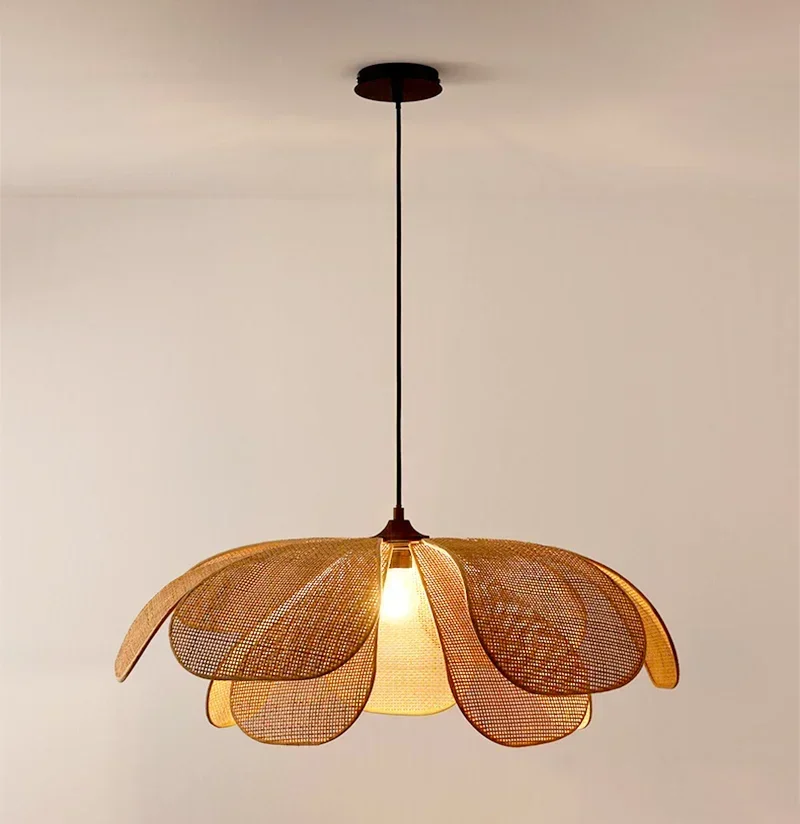 Rattan Weben Kronleuchter Korbgeflecht Hängende Beleuchtung Blütenblätter Lampe Blume Japan Stil Pendelleuchten für Wohnzimmer Esstisch Bar