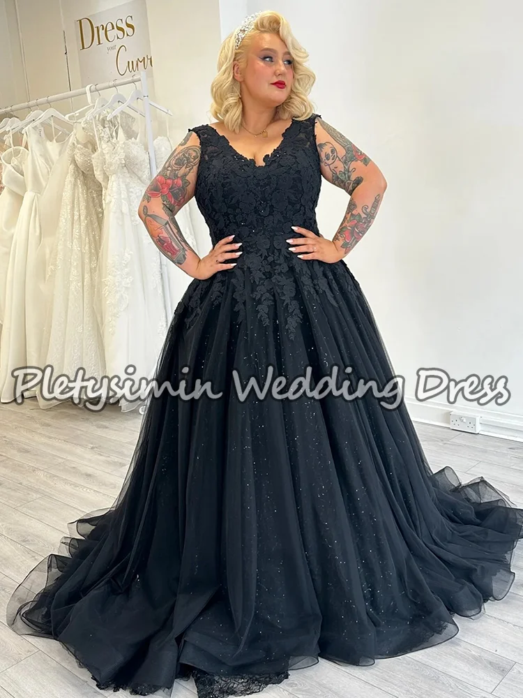 Black V Neck Lace Wedding Dress 2026 Tulle Applique A-Line Bridal Gown 2025 Elegant Floor-Length Gothic Wedding Gowns Customized