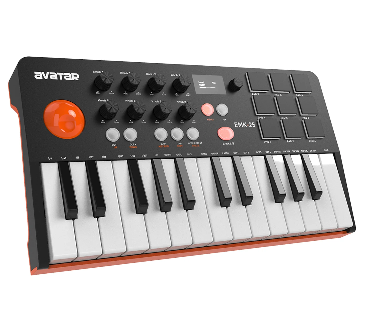 Wireless 25 Key Portable MIDI Keyboard Controller, With 9 Backlit Beat Pads, OLED Display, 8 Knobs, Software Included