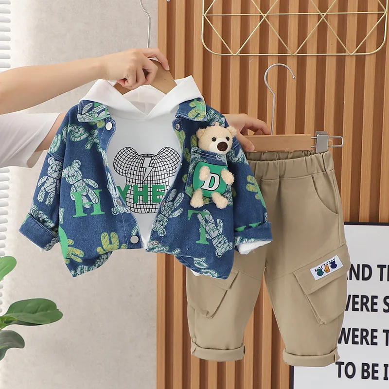 Toddler Outfit 2023 Autumn Designer Baby Boys Clothes 4 To 5 Years Old Cartoon Cardigan Denim Coats T-shirts Pants Korean Set