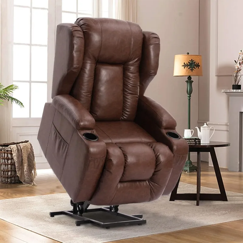 Power Lift Recliner Chair , Leather Electric Recliner Heated Vibration Massage Sofa Living Room Chair with Cupholder