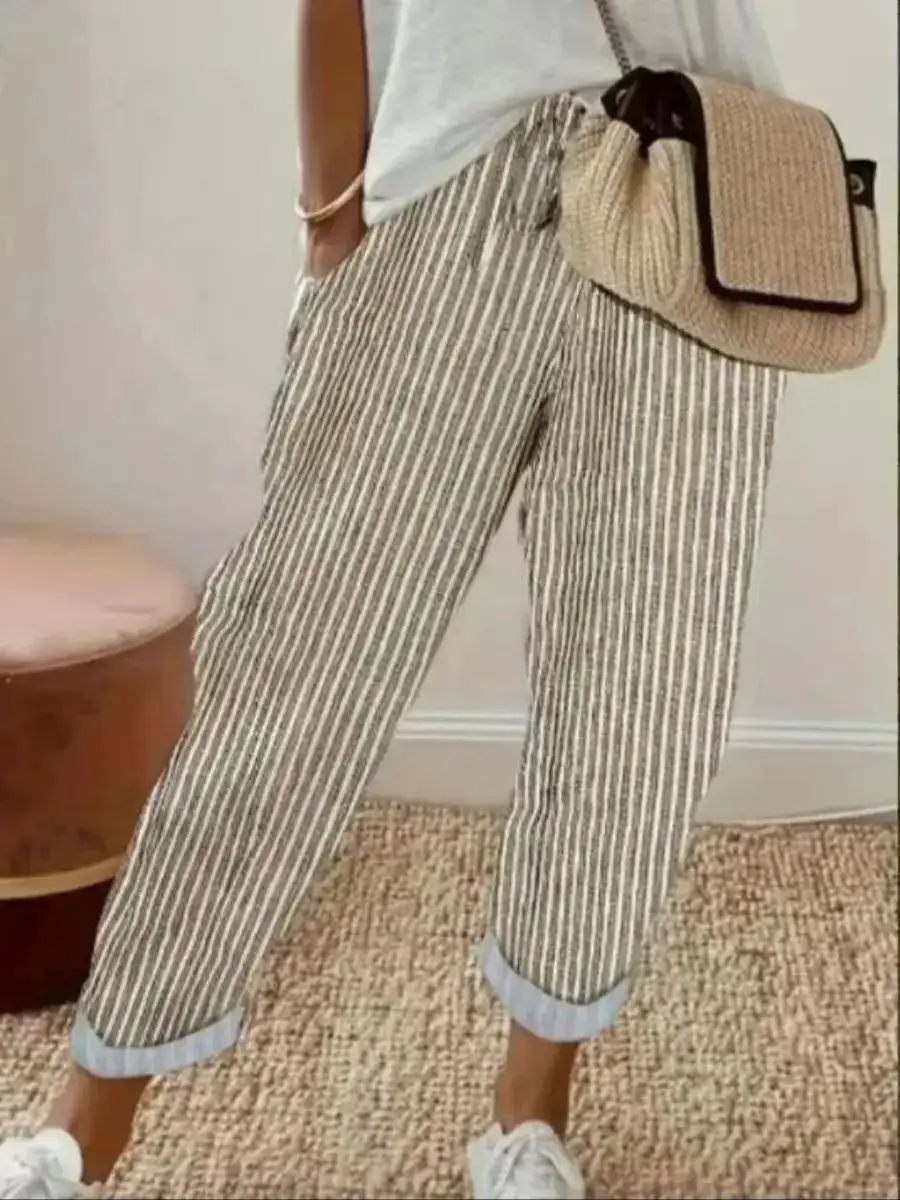 European and American Cross border Women's Summer New Fashionable Loose Stripe Printed Elastic Waist Drawstring Casual Pants