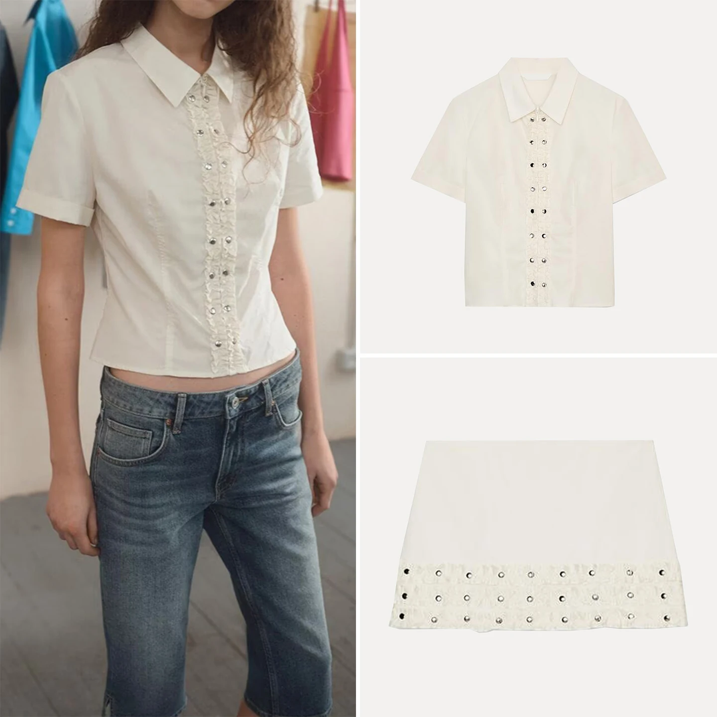 

Spring 2026 Women's Fashion Shirt And Skirt Set with Rivet Layered Decorations ZADATA Brand Two-Piece Set Not Found in Mall