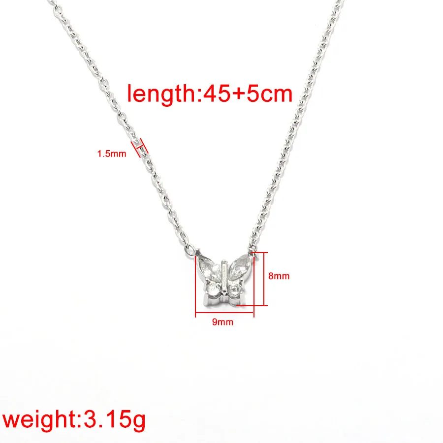 304 Stainless Steel 45+5cm Chain Zircon Butterfly Necklace Jewlery Not Fade Silver Color