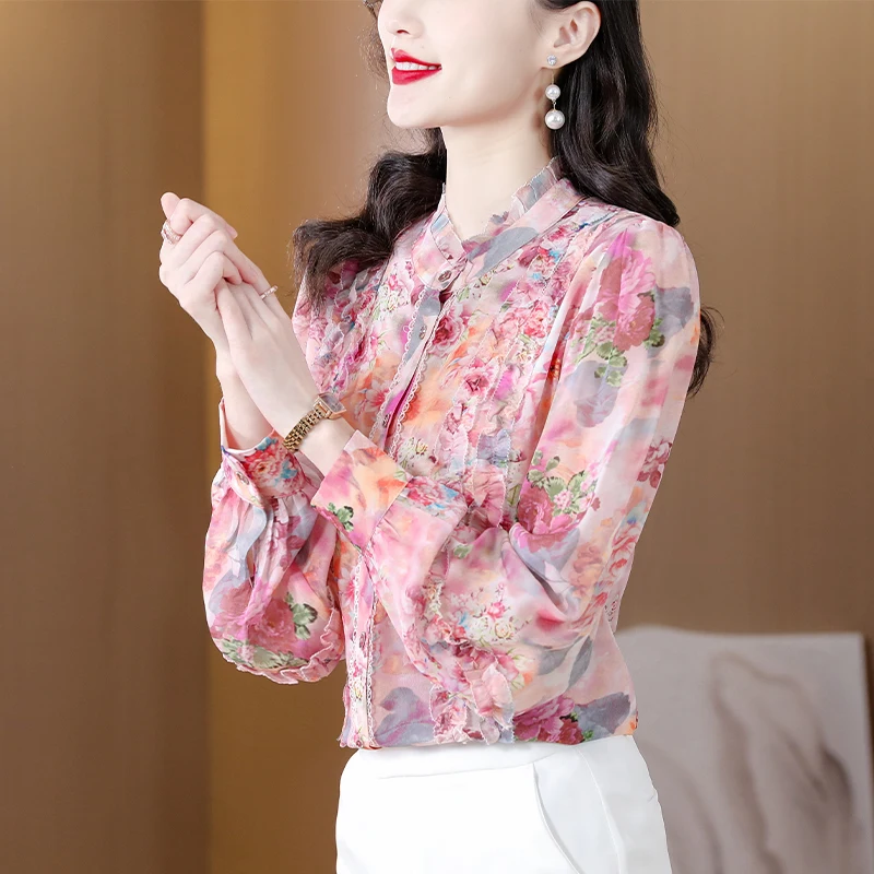 Ele Floral Print Silk irt Women's Spring 2024 Faionable Lace Trim Straight Cut Long Sve Busin Casual irt:Ele Floral Print Silk irt Women's Spring 2024 Faionable Lace Trim Straight Cut Long Sve Busin Casual irt:Damska sukienka z jedwabiu w kwiatowy wzór, na wiosnę 2024, modna, z koronkowym wykończeniem, o prostym kroju, długa, biznesowa, codzienna.