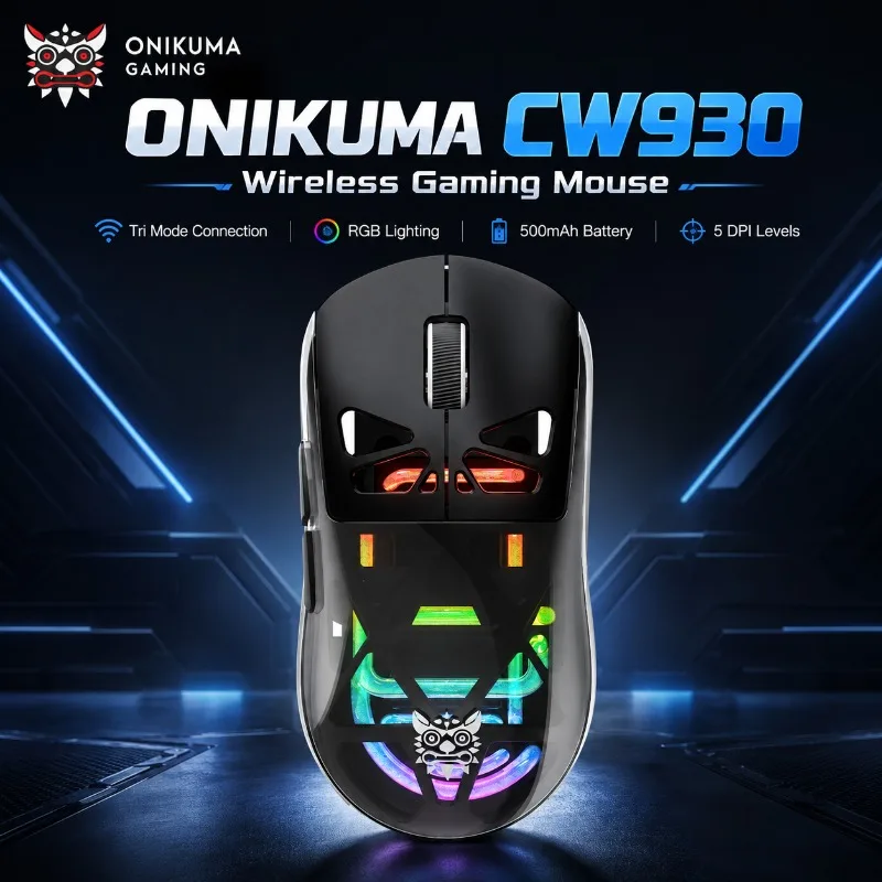 ONIKUMA CW930 Wireless Transparent Gaming Mouse Tri Mode Bluetooth 2.4G USB Wired PAW3212  RGB Rechargeable for PC Laptop Gamer