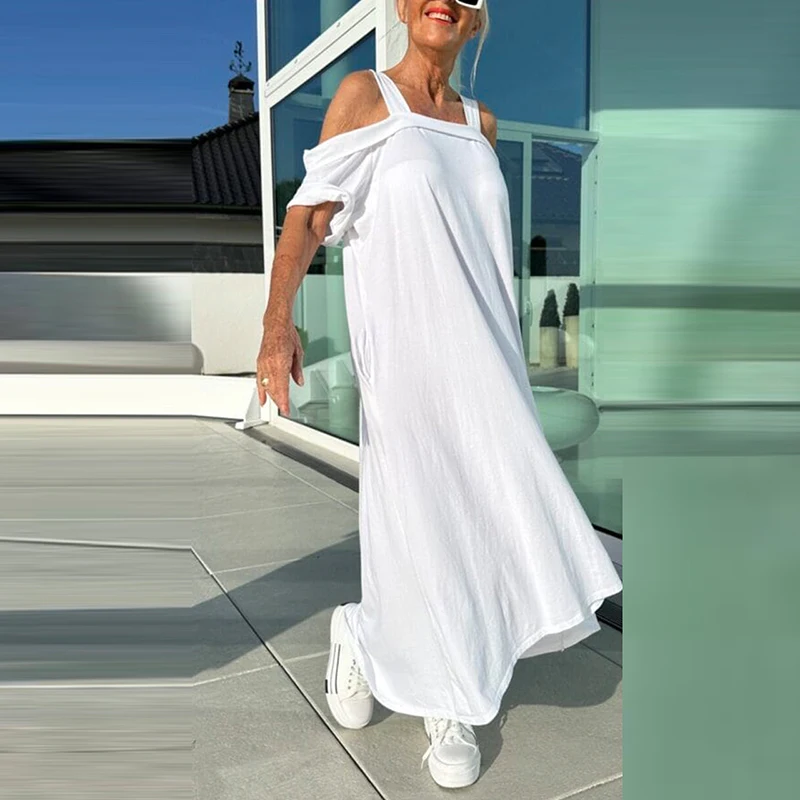 여름 할로우 반팔 느슨한 롱 드레스 캐주얼 오프 숄더 포켓 풀오버 드레스 우아한 솔리드 컬러 홀리데이 드레스 Vestido