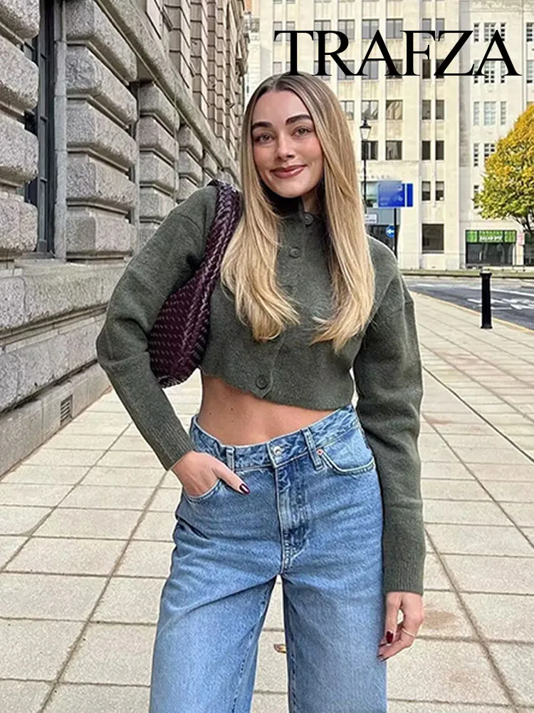 Trafza Damen Herbst Freizeit mäntel solide O-Ausschnitt Langarm Einreiher Strickjacke weibliche Mode Strick mäntel 4 Farbe